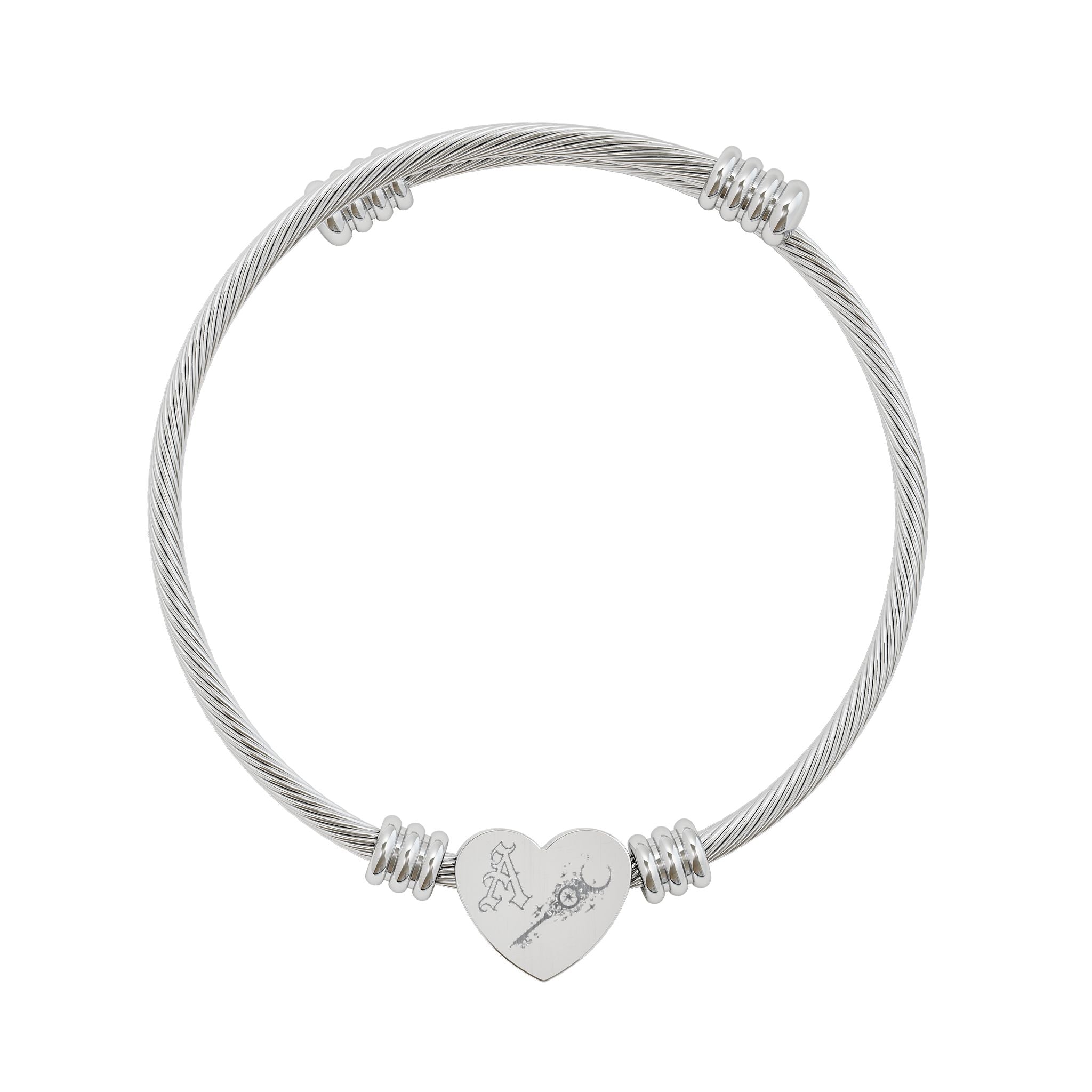 Engravable Heart Cuff Bracelet — Adjustable Silver Cable Bangle