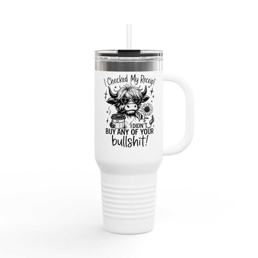 40oz Insulated Travel Mug — "I Checked My Receipt" Highland Cow Design