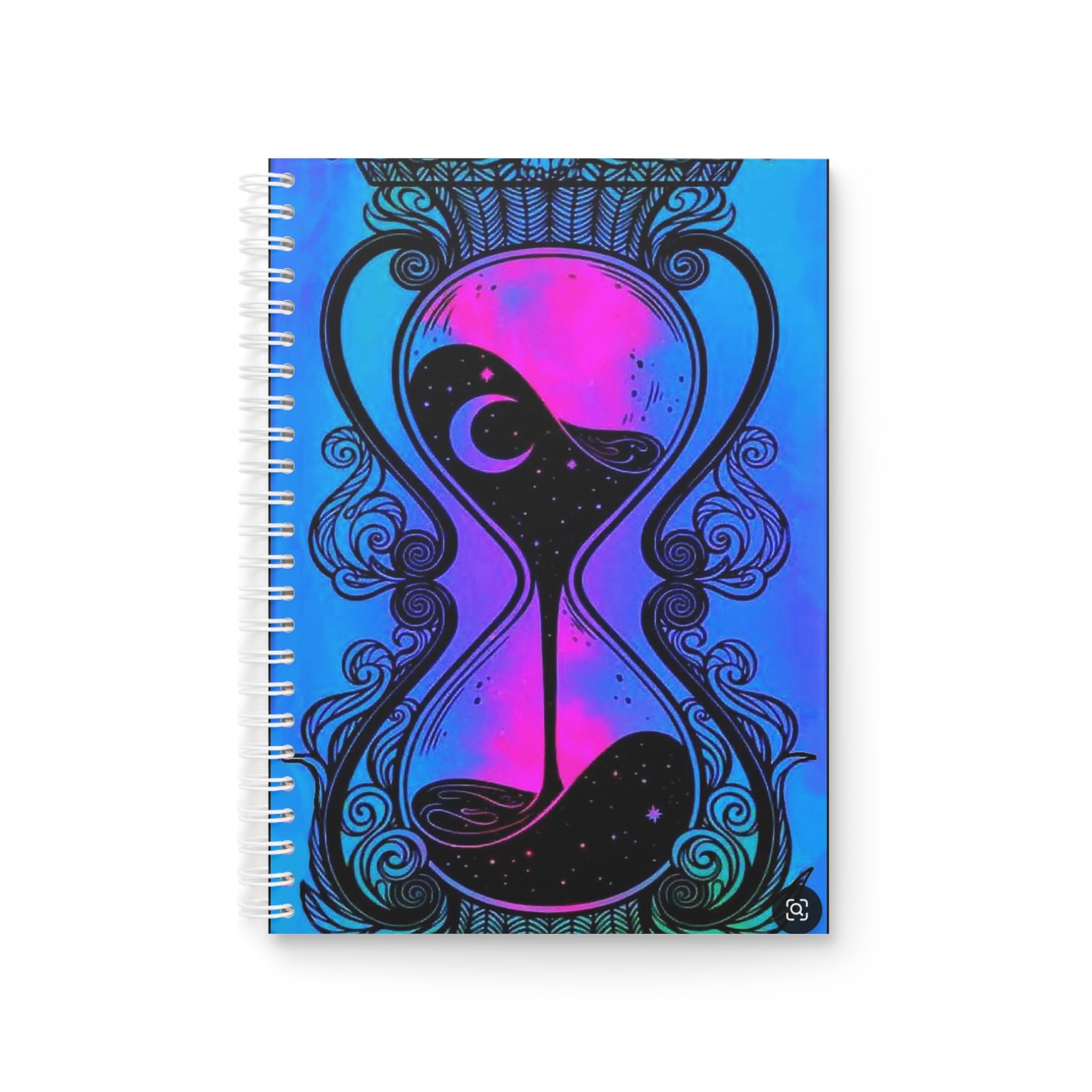 Celestial Moon Spiral Notebook — Galaxy Crescent Journal with Mystic Hourglass Design