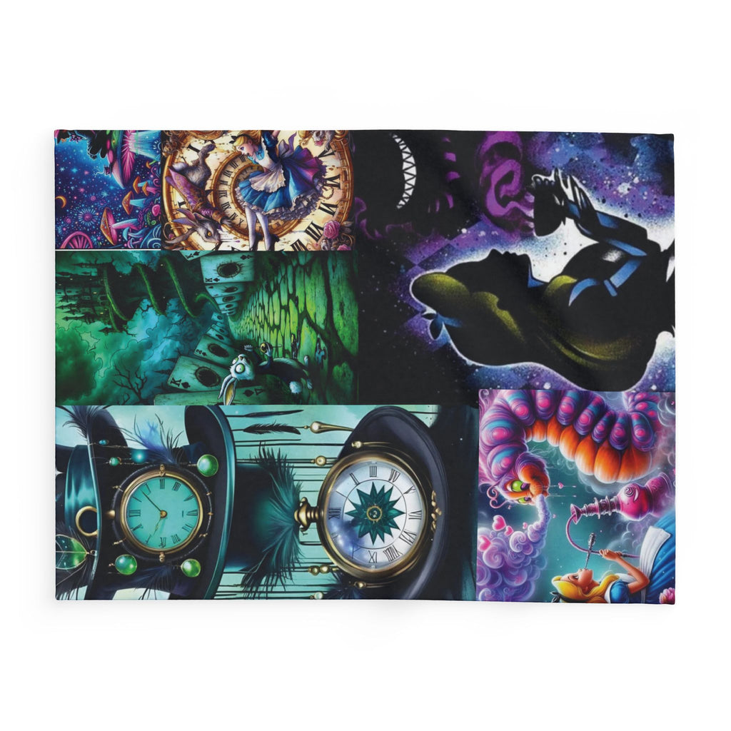 Alice in Wonderland Collage Fleece Blanket – Whimsical Clock, Cheshire Cat & Tea Party Throw