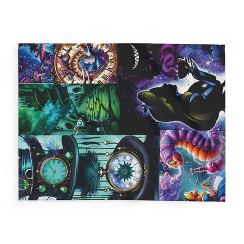 Alice in Wonderland Collage Fleece Blanket – Whimsical Clock, Cheshire Cat & Tea Party Throw