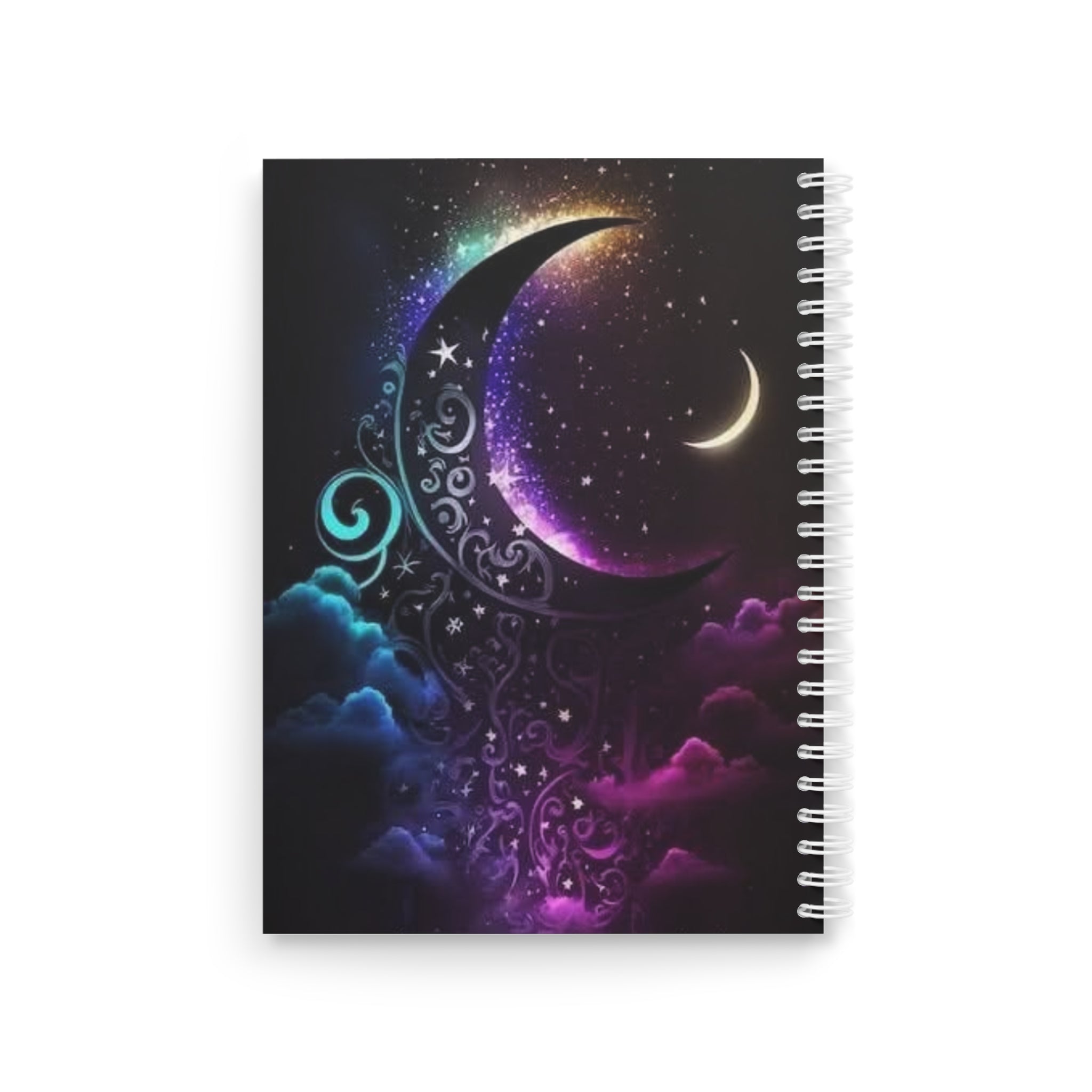 Celestial Moon Spiral Notebook — Galaxy Crescent Journal with Mystic Hourglass Design