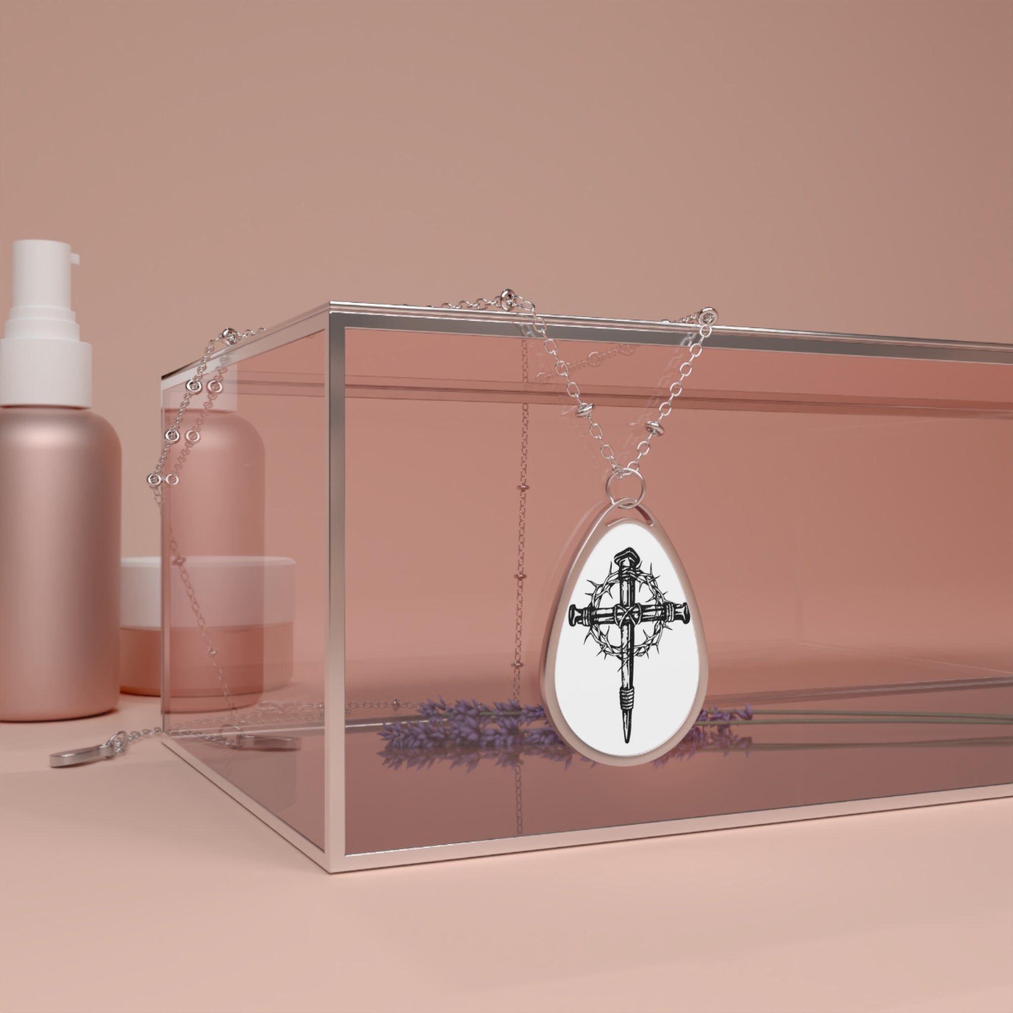 Oval Pendant Necklace with Gothic Cross Engraving – Silver Teardrop Memorial Jewelry