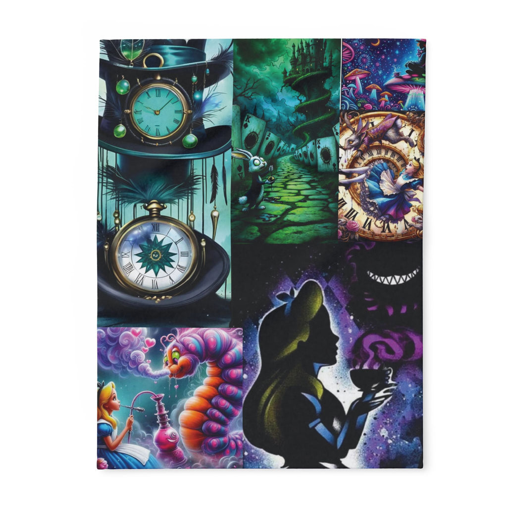 Alice in Wonderland Collage Fleece Blanket – Whimsical Clock, Cheshire Cat & Tea Party Throw