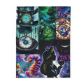 Alice in Wonderland Collage Fleece Blanket – Whimsical Clock, Cheshire Cat & Tea Party Throw