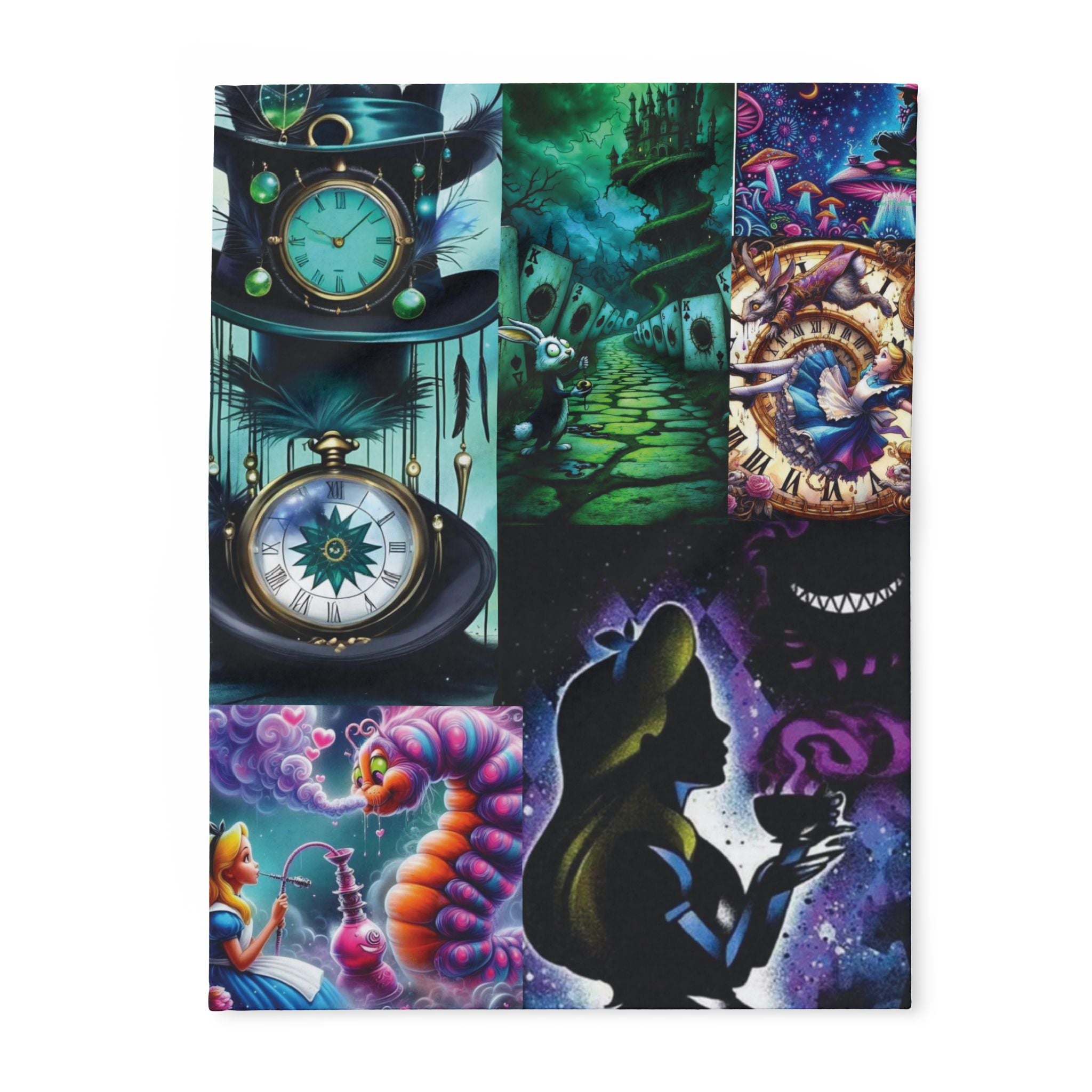 Alice in Wonderland Collage Fleece Blanket – Whimsical Clock, Cheshire Cat & Tea Party Throw