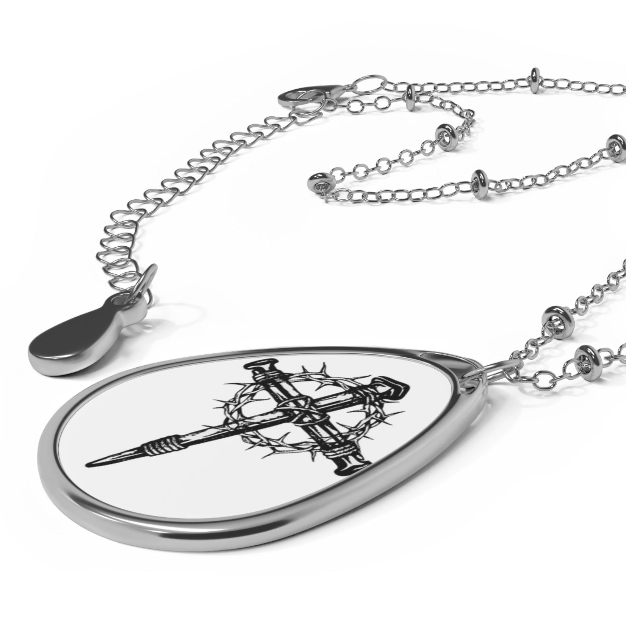 Oval Pendant Necklace with Gothic Cross Engraving – Silver Teardrop Memorial Jewelry