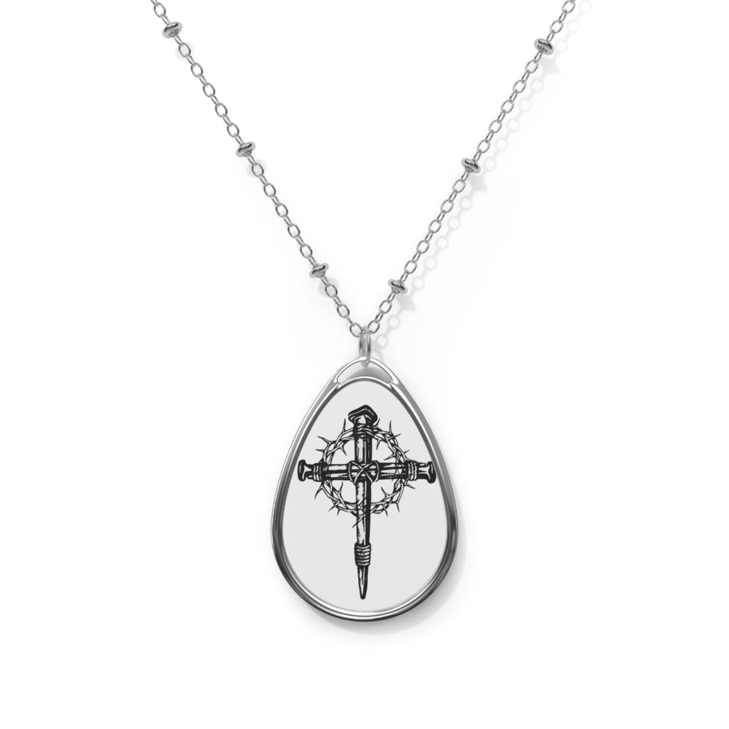 Oval Pendant Necklace with Gothic Cross Engraving – Silver Teardrop Memorial Jewelry