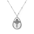 Oval Pendant Necklace with Gothic Cross Engraving – Silver Teardrop Memorial Jewelry