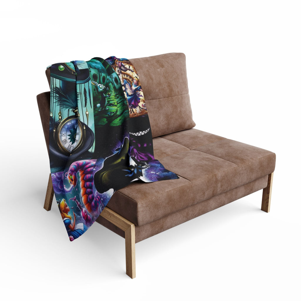Alice in Wonderland Collage Fleece Blanket – Whimsical Clock, Cheshire Cat & Tea Party Throw