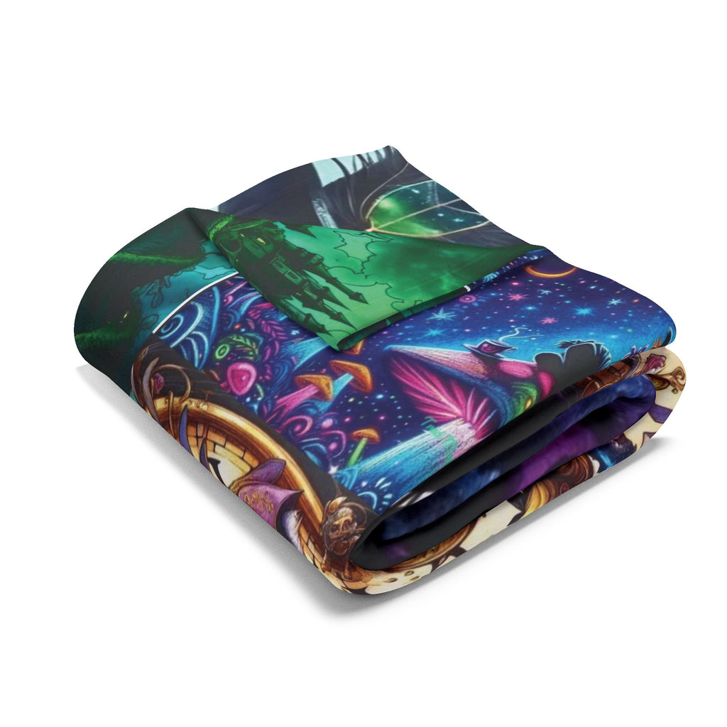 Alice in Wonderland Collage Fleece Blanket – Whimsical Clock, Cheshire Cat & Tea Party Throw