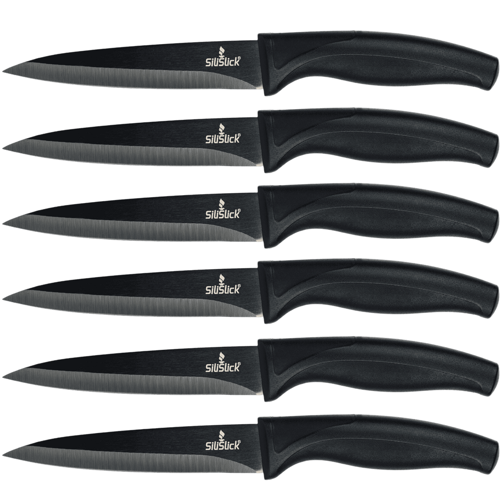 Steak Knife Set 6 Titanium Coated Black Handle, Black Blade