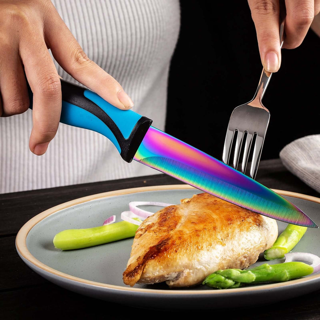 Steak Knife Set 4 Rainbow Titanium Coated Blades & Blue Handles