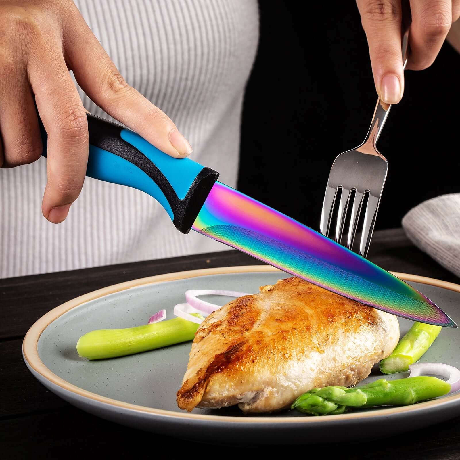 Steak Knife Set 4 Rainbow Titanium Coated Blades & Blue Handles